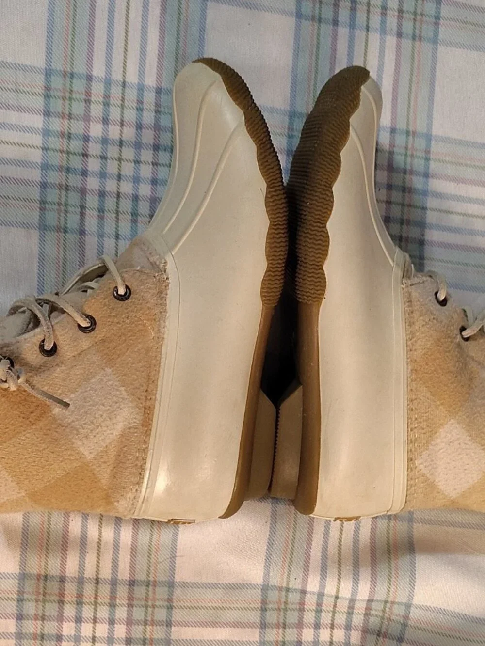 Sperry STS88318 Plaid Wool Blend Ankle Duck Boots Beige White Lace Rubber Sole
